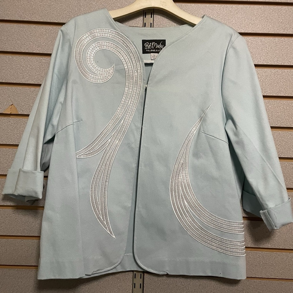 Bob Mackie Wearable Art Swirling Sequins Blue Bracelet Sleeve Jacket‎ Size L EUC